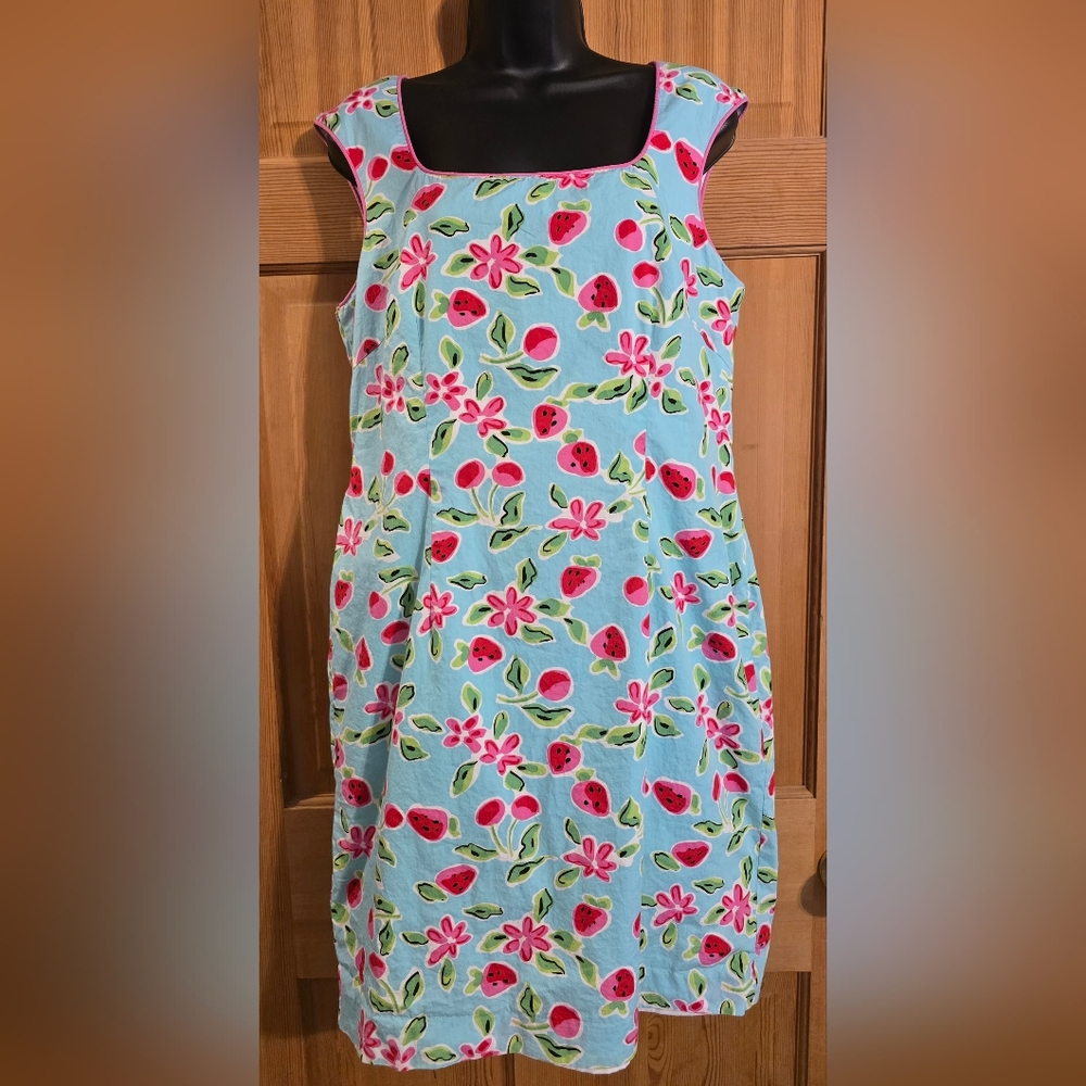 Floral Strawberry Cotton Dress Pink and White Shabby Chic Picnic Cruise Size 12 - Picture 2 of 6